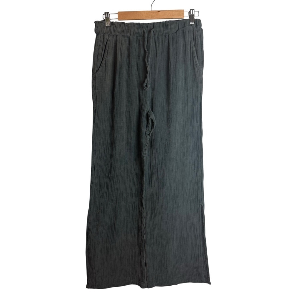 Hem & Thread Crinkle Gauze Pants Size Small Gray Wide Leg Drawstring Lounge